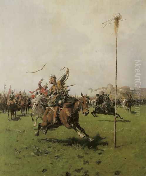 Polish Riders - Archery Contest Oil Painting by Josef von Brandt