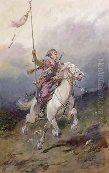 The Pathfinder, a seventeenth century Polish cavalryman on a white charger Oil Painting by Josef von Brandt