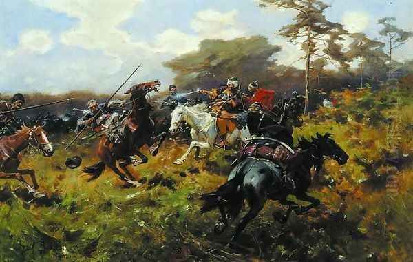 Battle against Tatars Oil Painting by Josef von Brandt