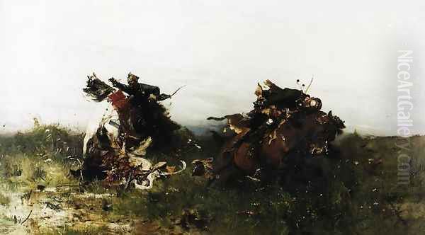 Capture with a Lariat Oil Painting by Josef von Brandt