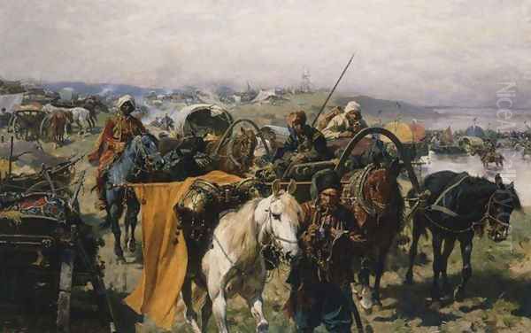 Camp of the Zaporozhian Cossacks Oil Painting by Josef von Brandt