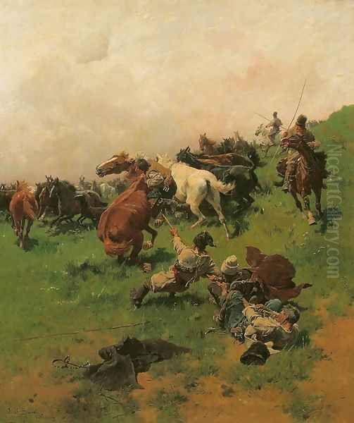 Capture of a Horse with a Lariat Oil Painting by Josef von Brandt