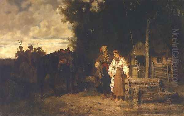 Pozegnanie (Kozak konia poil) Oil Painting by Josef von Brandt