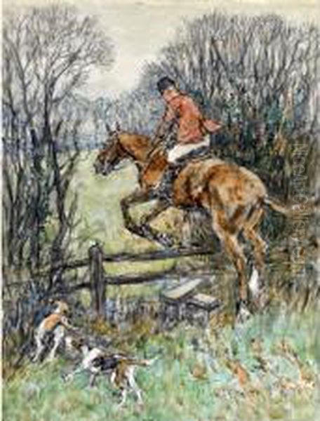 Ahuntsman Taking A Stile Followed By Hounds Charcoal And Oil Painting by George Denholm Armour