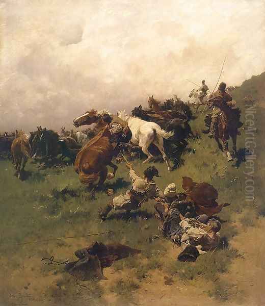 Chwytanie konia na arkan Oil Painting by Josef von Brandt