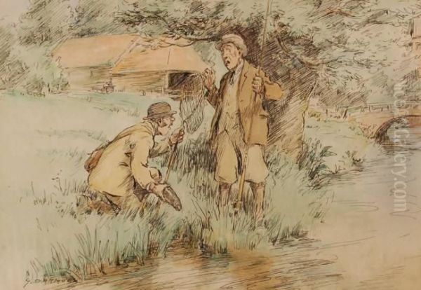 Pen, Ink Andwatercolour Cartoon,
 Anglers On A River Bank, Signed With Captionon The Mount, Artist 
Dedication Verso. 7.5