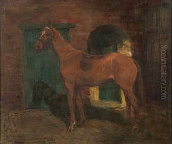 A Saddled Bay Hunter In A Yard Oil Painting by George Denholm Armour