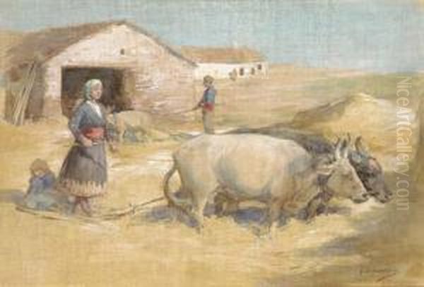 A Peasant Woman Driving Oxen Oil Painting by George Denholm Armour