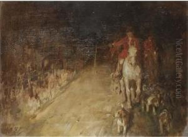 Seen In The Motor Lights, The Hunt Returning Home Oil Painting by George Denholm Armour