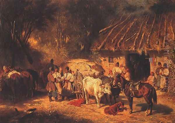 Popas czumaków przed karczma Oil Painting by Josef von Brandt