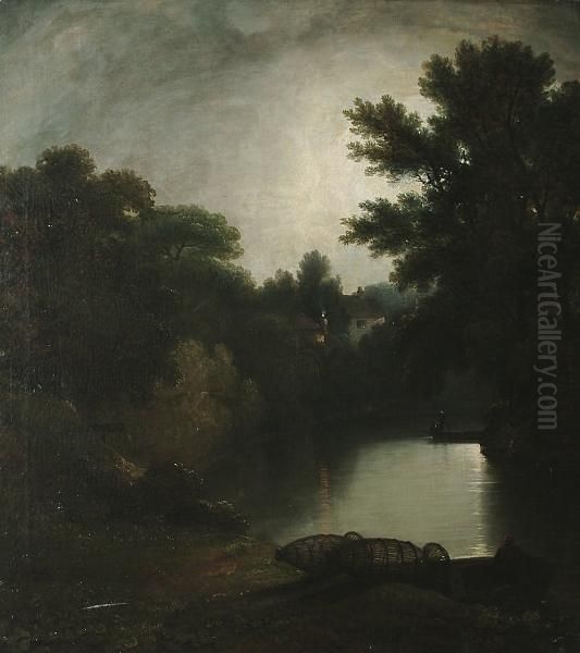 A River Landscape At Sunset With Fishermen. Oil Painting by George Arnald