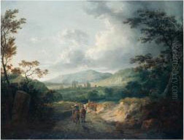 Extensive Landscape With Rustics On A Path Oil Painting by George Arnald