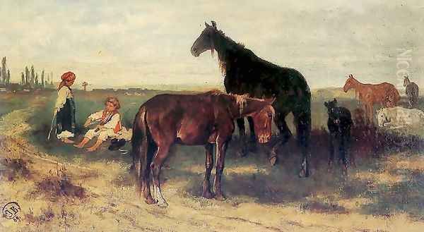 On pasture Oil Painting by Josef von Brandt