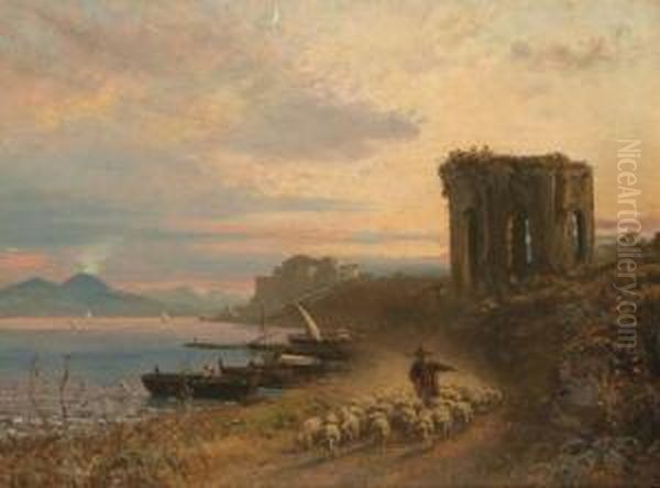 Italian Coastal Landscape With Shepherd And His Flock Oil Painting by Albert Arnz