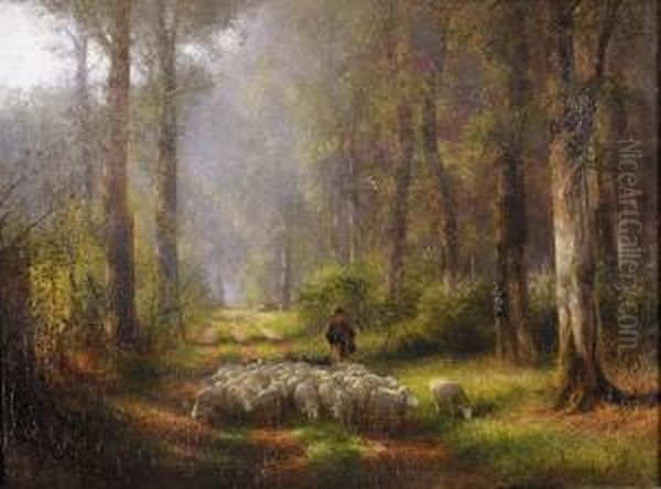 Waldweg Mit Hirte Und Seiner Herde. Oil Painting by Albert Arnz