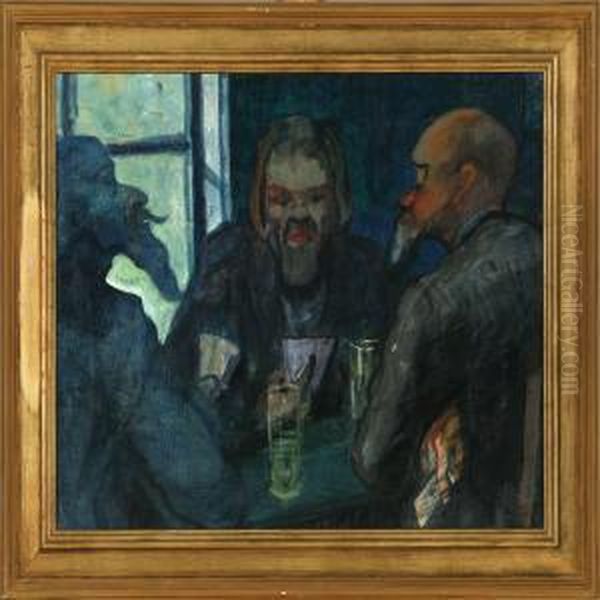 Three Men Playing Cards - The Cardsharper Oil Painting by Ivar Arosenius