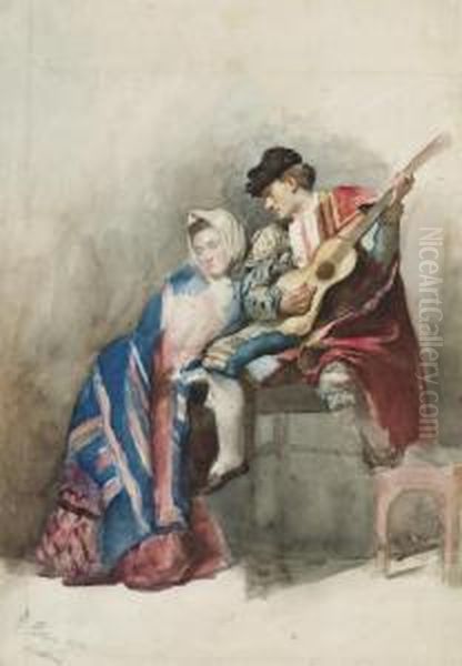 Un Guitariste Espagnol Accompagne D'une Femme Assise A Ses Cotes Oil Painting by Jose Arpa Y Perea