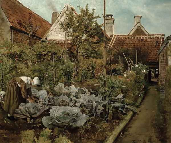 A Flemish Garden Oil Painting by Henri de Braekeleer