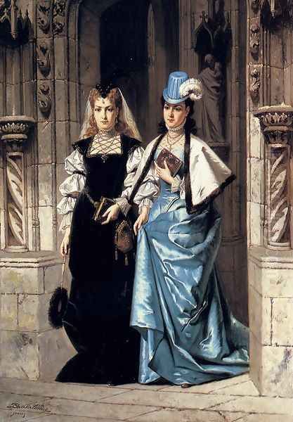 Two Elegant Ladies Leaving A Church Oil Painting by Ladislaus Bakalowicz