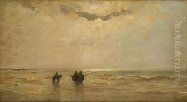 Pecheurs De Crevettes Au Coucher Du Soleil Oil Painting by Louis Artan De Saint-Martin