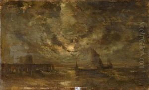 Marine Au Clair De Lune Oil Painting by Louis Artan De Saint-Martin