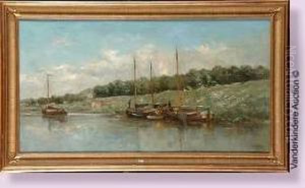 Bateaux Le Long De La Berge Oil Painting by Louis Artan De Saint-Martin