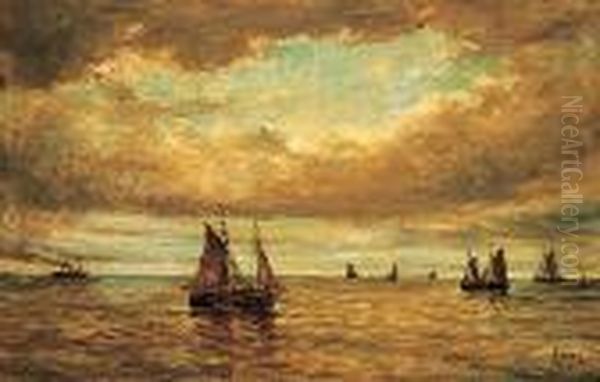 Boten Op Zee. Oil Painting by Louis Artan De Saint-Martin