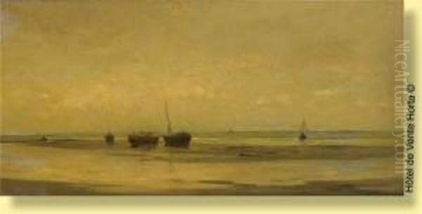 Barques Echouees Oil Painting by Louis Artan De Saint-Martin