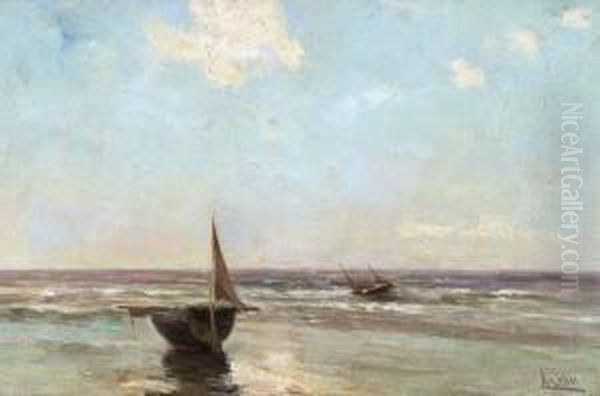 Marine Avec Barque Echouee Oil Painting by Louis Artan De Saint-Martin