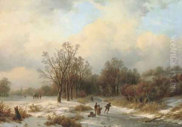 A sunlit winter landscape with villagers on a frozen waterway Oil Painting by Willem Bodemann