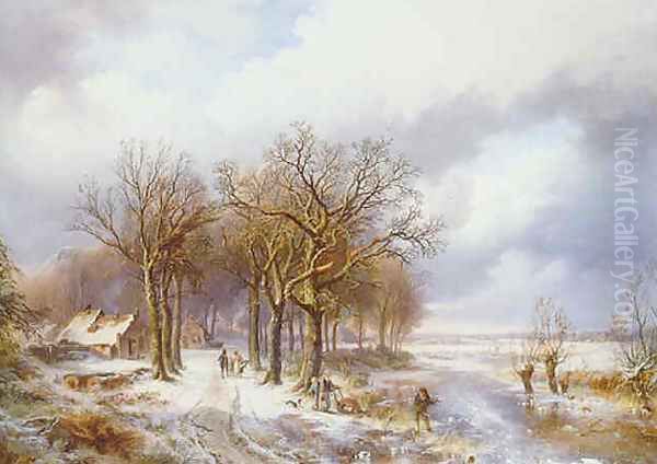 A winter landscape with a wood gatherer on a frozen ditch and peasants on a snowy path Oil Painting by Willem Bodemann