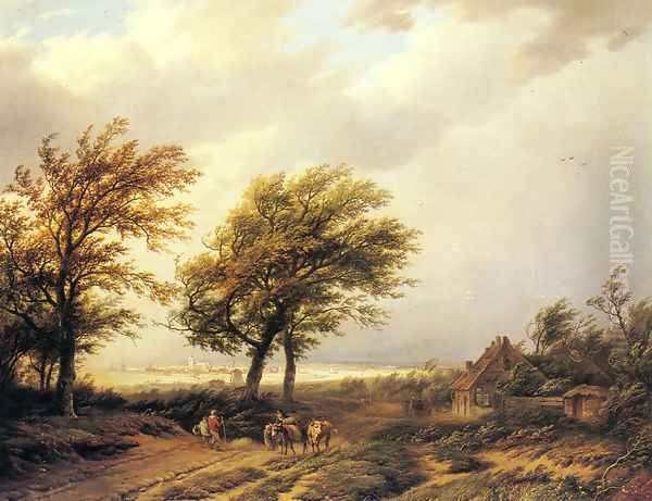 Travellers in an Extensive Landscape with a Town Beyond Oil Painting by Willem Bodemann