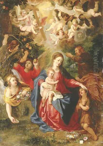 The Rest on the Flight into Egypt with the youthful Saint John the Baptist and angels with fruit and flowers, cherubim aloft holding the Instruments o Oil Painting by Hendrik van Balen