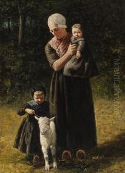 Mother With Children And A Lamb Oil Painting by David Adolf Constant Artz