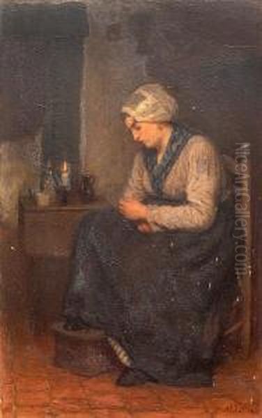 Woman Seated In A Candle Lit Interior Oil Painting by David Adolf Constant Artz