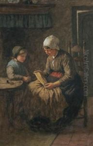 A Lesson For The Little Seamstress Oil Painting by David Adolf Constant Artz