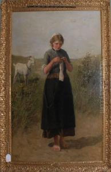 Young Girl Knitting Oil Painting by David Adolf Constant Artz