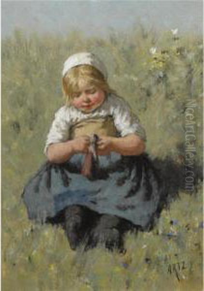 A Girl Playing With A Doll Oil Painting by David Adolf Constant Artz