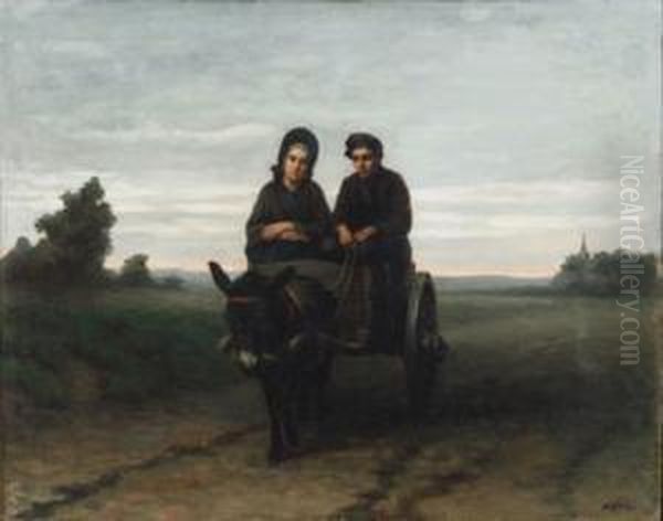 Man And Woman On A Donkey Cart Oil Painting by David Adolf Constant Artz