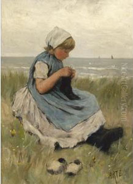 A Girl Knitting In The Dunes Oil Painting by David Adolf Constant Artz