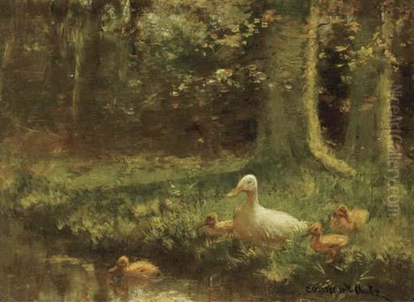 Duck And Ducklings On A Riverbank Oil Painting by David Adolf Constant Artz