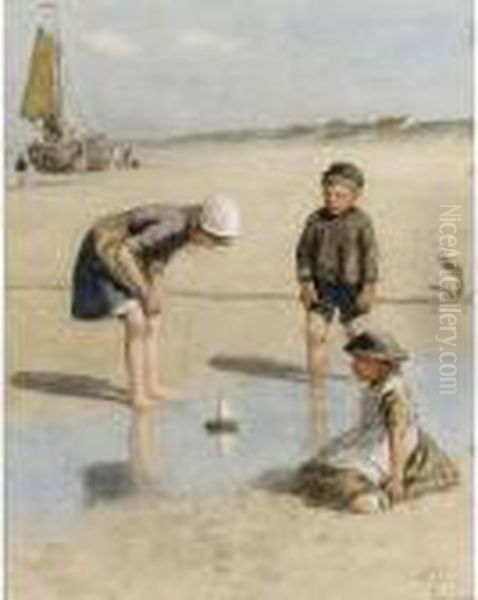 Children Playing On The Beach Oil Painting by David Adolf Constant Artz