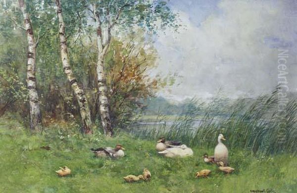 Ducks And Ducklings On A River Bank Oil Painting by David Adolf Constant Artz