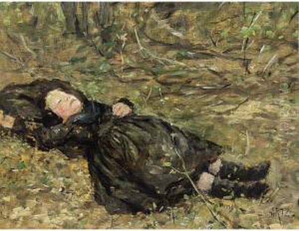 A Little Girl Resting In The Woods Oil Painting by David Adolf Constant Artz