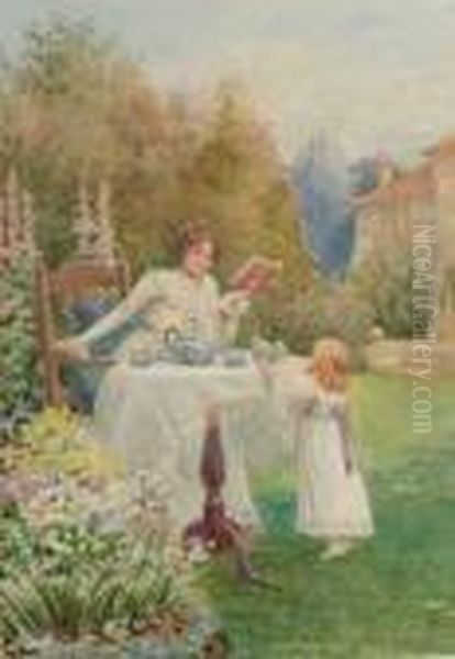 Mother And Daughter Taking Tea In The Garden Oil Painting by William F. Ashburner