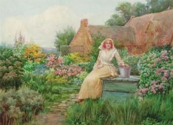 Young Lady Seated In A Cottage Garden Oil Painting by William F. Ashburner