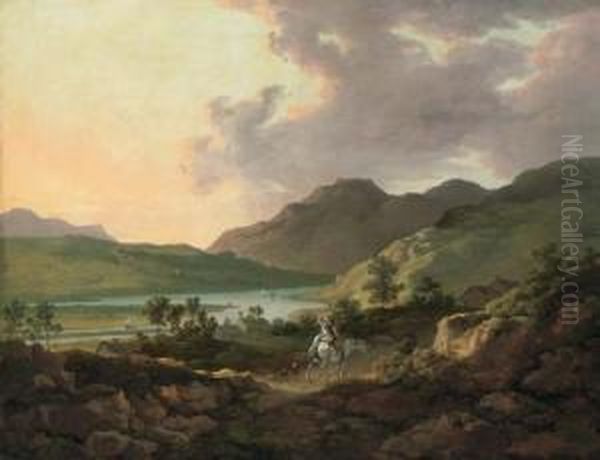 A Mountainous Lake Landscape 
With Travellers On A Path In The Foreground And Boats On The Lake Beyond Oil Painting by William Ashford