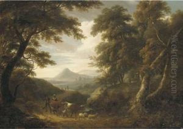 A Wooded Landscape, With Figures And Livestock On A Path And Ruinsbeyond Oil Painting by William Ashford