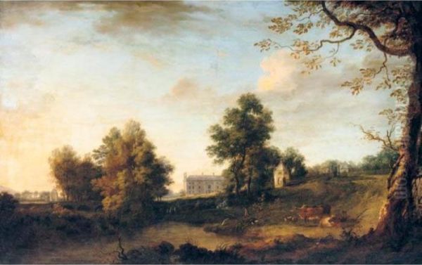 A Prospect Of Belan House, 
Ballitore, County Kildare, Seat Of The Earls Of Aldborough, With Cattle 
In The Foreground Oil Painting by William Ashford