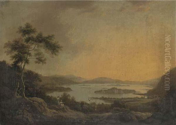 View Of Loch Lene, Lower Lake Killarney, With Old Muckross House Inthe Foreground Oil Painting by William Ashford